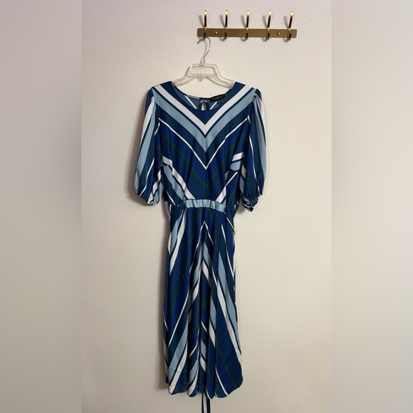 Eloquii Dresses & Skirts - Eloquii Navy Blue White Green Striped Chevron Tie Waist Midi Dress size 20